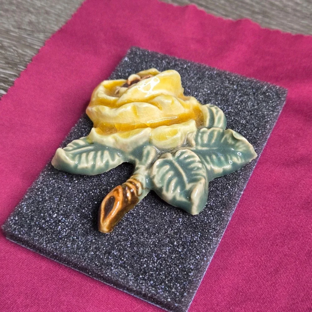 Vintage Yellow Rose Floral Brooch Pin Glazed Ceramic Porcelain Green Leaves 2.5
